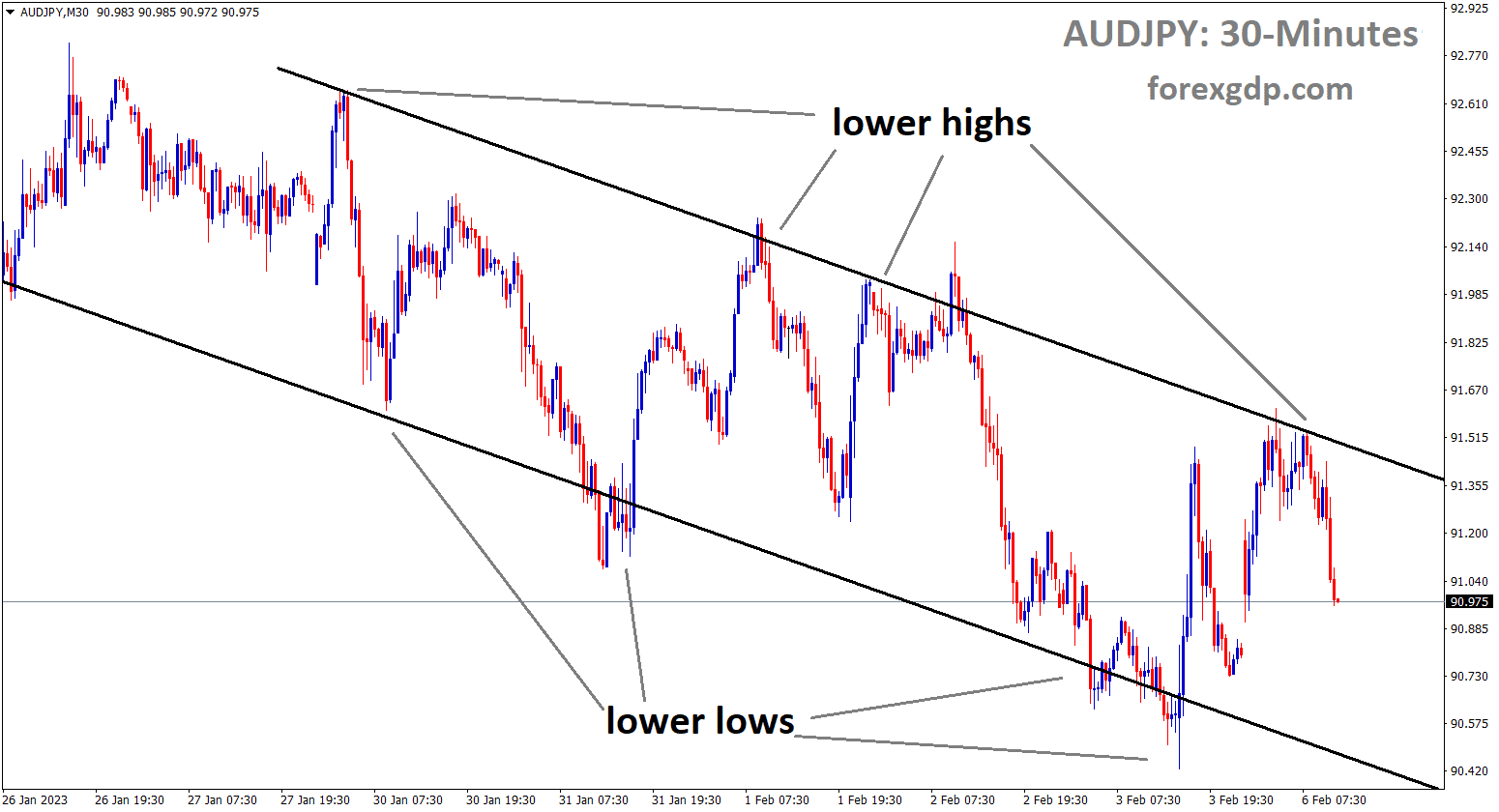 AUDJPY is moving in a Descending channel and the market has fallen from the lower high area of the channel AUDJPY is moving in a Descending channel and the market has fallen from the lower high area of the channel