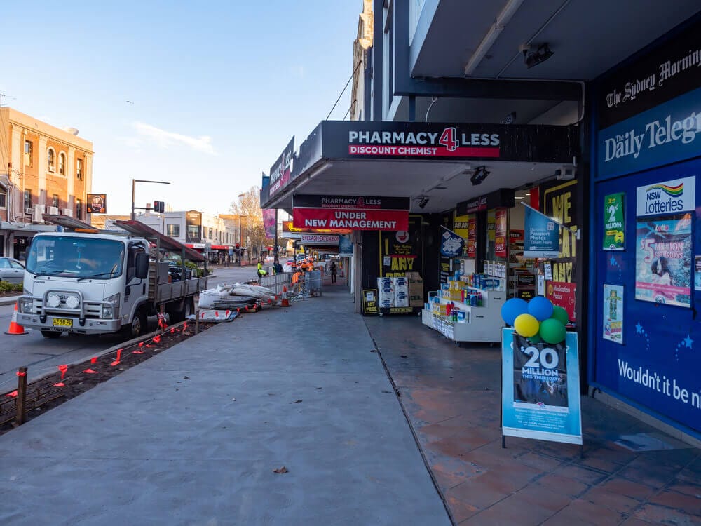 Australia Sydney NSW Pharmacy for Less Shop Front and Foot path in Five Dock Australia Sydney NSW Pharmacy for Less Shop Front and Foot path in Five Dock