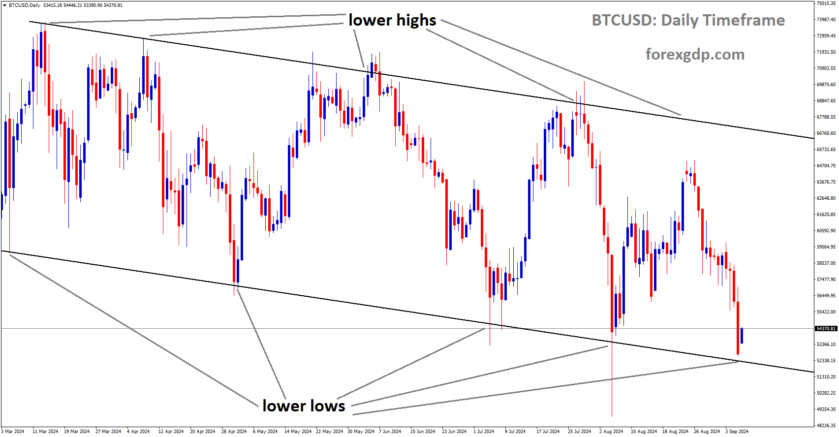 BTCUSD is moving in a descending channel, and the market has reached the lower low area of the channel