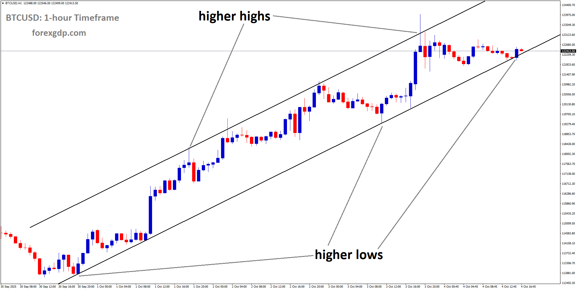 BTCUSD is moving in an uptrend channel, and the market has reached a higher low area of the channel