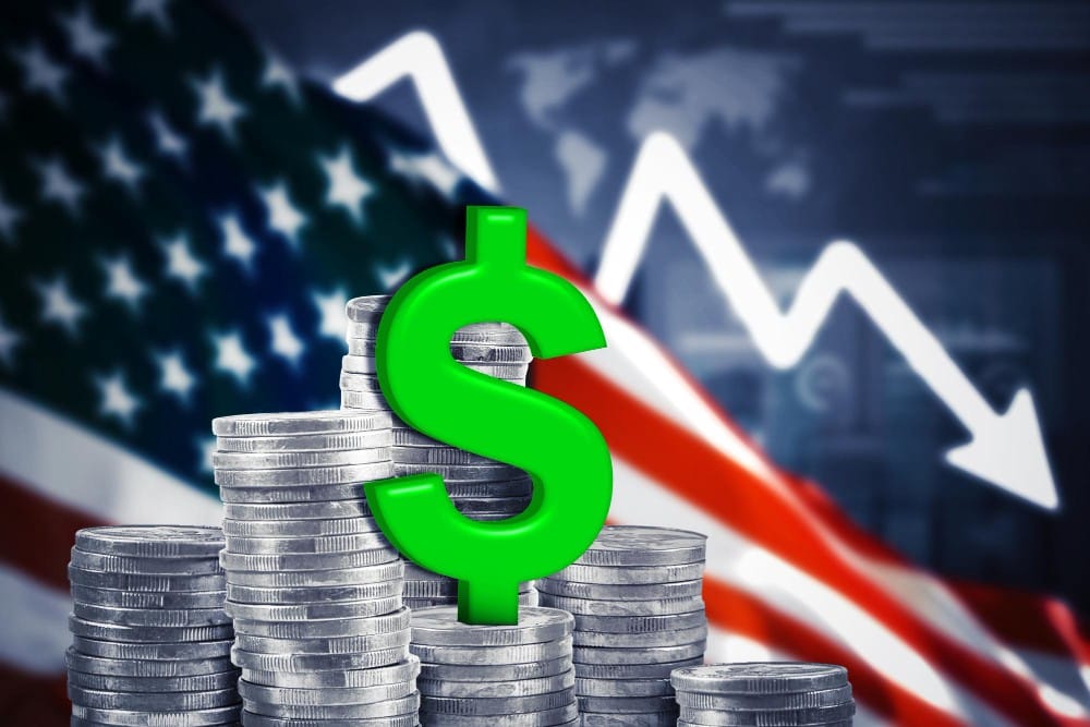 Dollar symbol and America flag with declining arrow