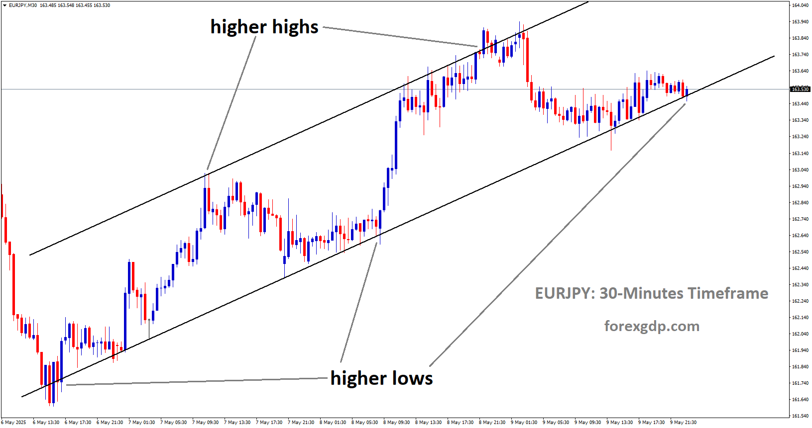 EURJPY is moving in an uptrend channel, and the market has reached the higher low area of the channel