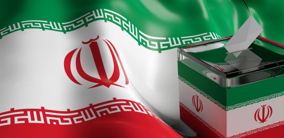 Elections in Iran. Ballot voting box on Iran flag background Elections in Iran. Ballot voting box on Iran flag background