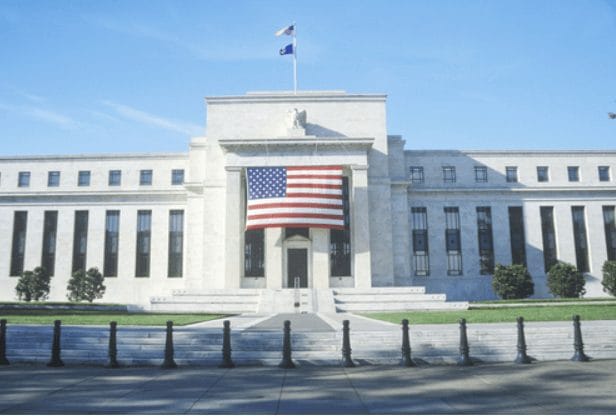 Federal reserve FED building with US flag Federal reserve FED building with US flag