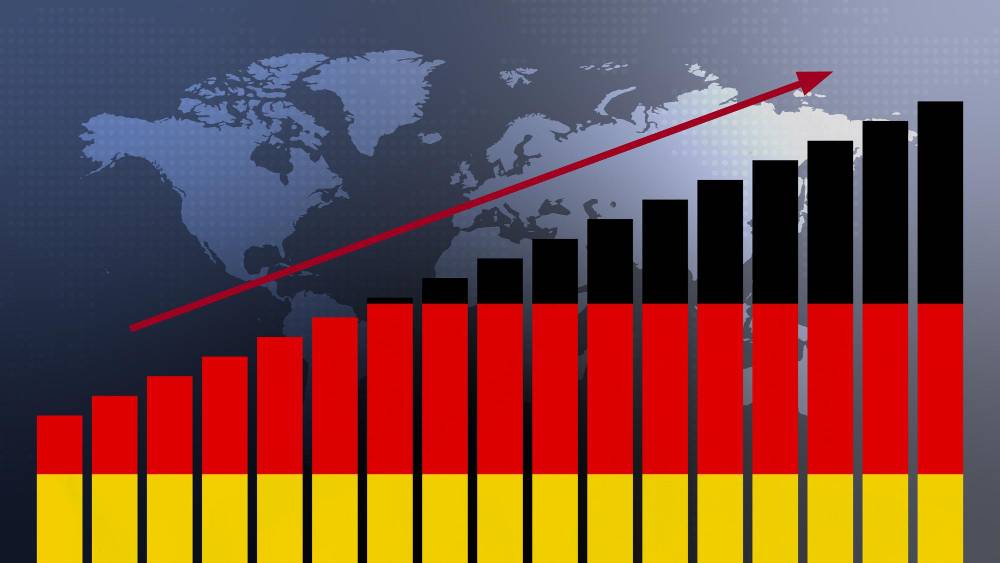 Germany flag on bar chart concept with increasing values economic recovery Germany flag on bar chart concept with increasing values economic recovery