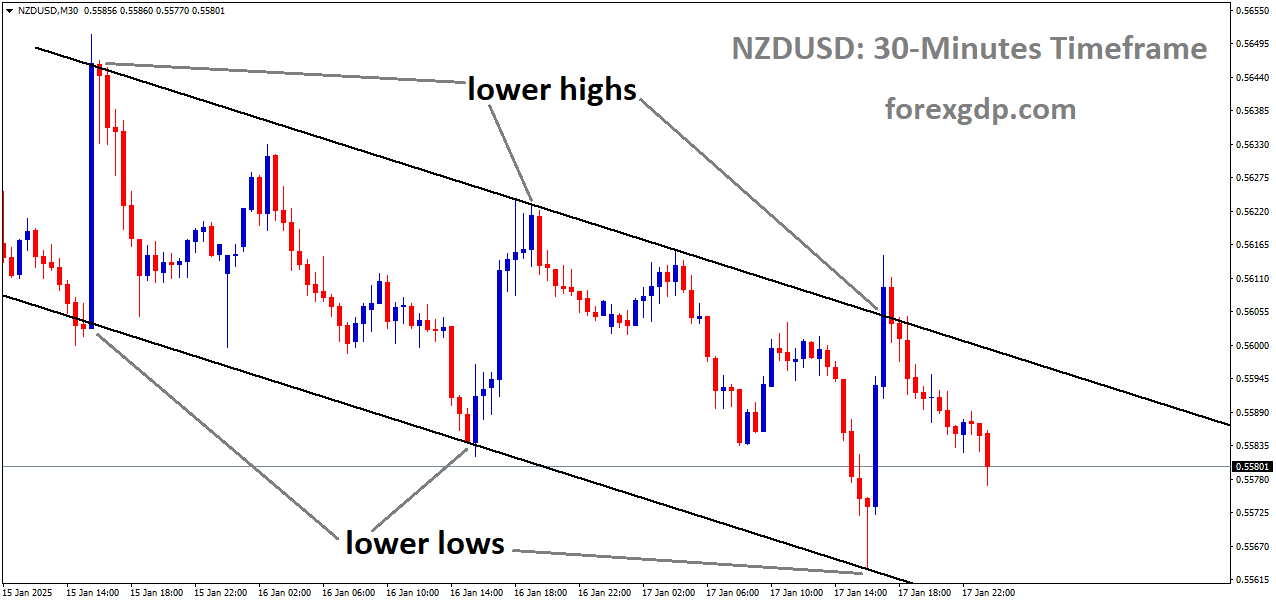 NZDUSD is moving in a downtrend channel, and the market has fallen from the lower high area of the channel