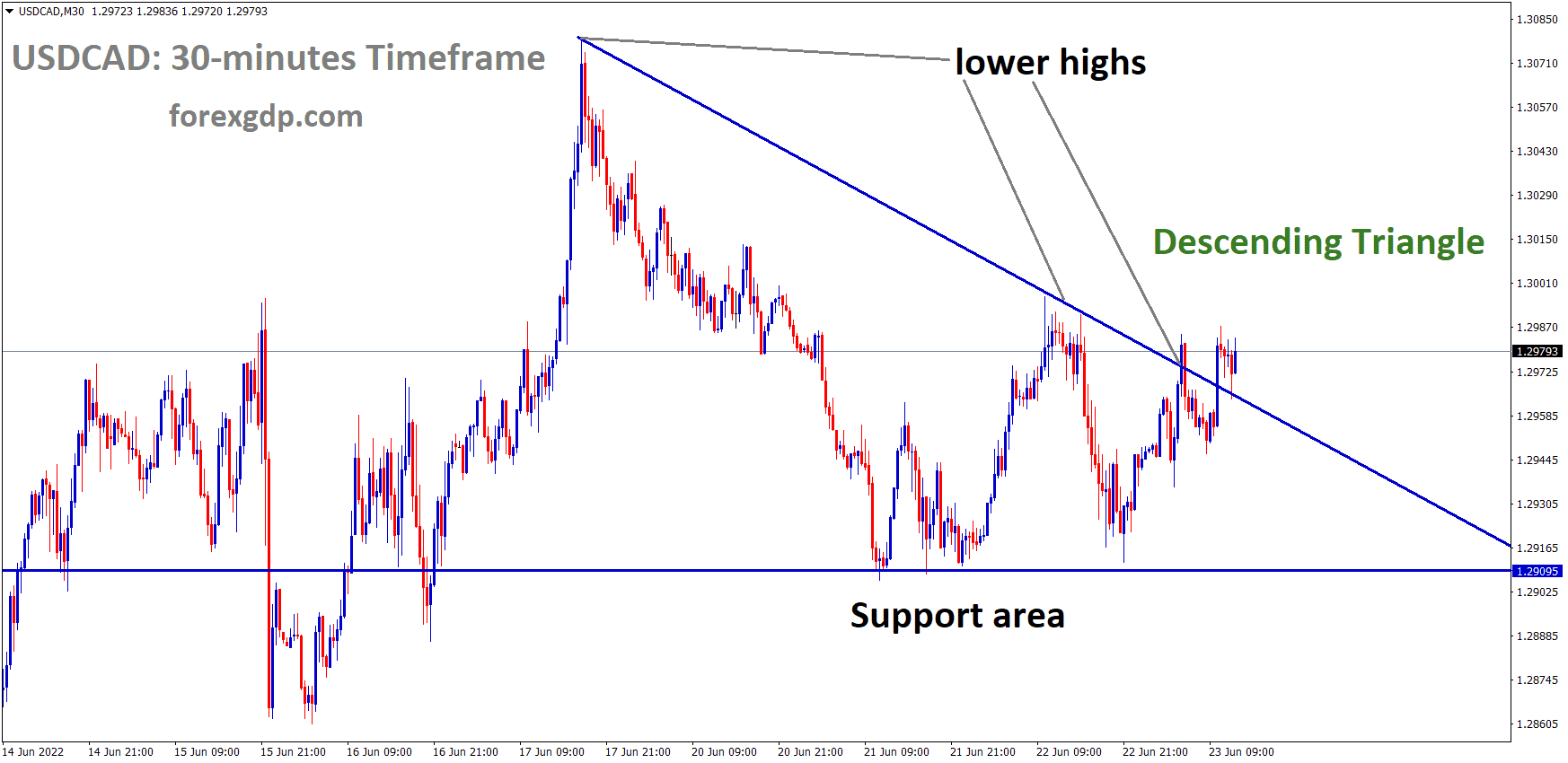 USDCAD is moving in the Descending triangle pattern and the market has reached the lower high area of the pattern USDCAD is moving in the Descending triangle pattern and the market has reached the lower high area of the pattern