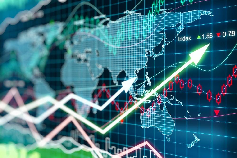 chart with glowing arrows and world chart with glowing arrows and world