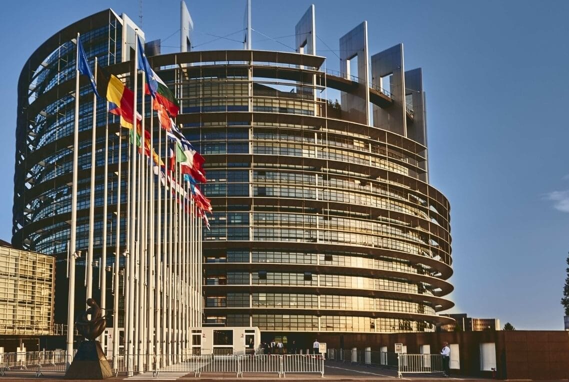 ecb european parliament building strasbourg france with clear blue sky background ecb european parliament building strasbourg france with clear blue sky background