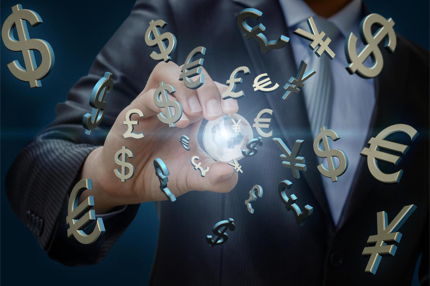 global currency market businessman holding globe against background symbols money (1) global currency market businessman holding globe against background symbols money (1)